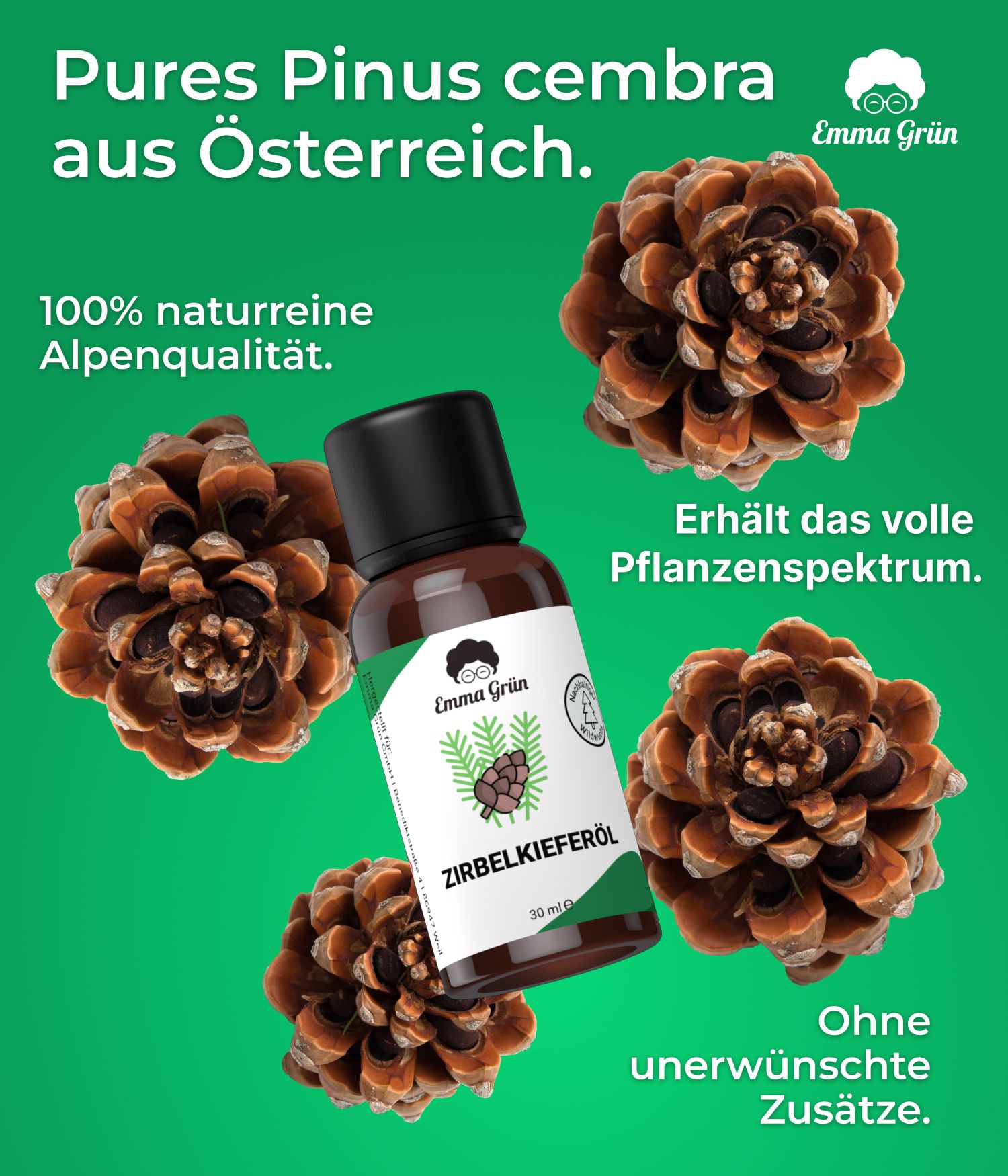 Flasche Zirbenöl mit Zapfen. Text: Pures Pinus cembra aus Österreich. 100% naturreine Alpenqualität.