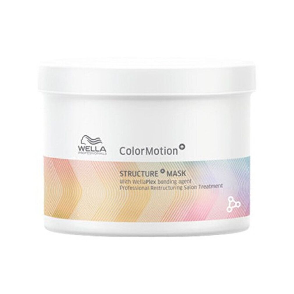 Weißer Tiegel mit farbigem Streifen. Aufschrift: Wella ColorMotion+ Structure Mask.