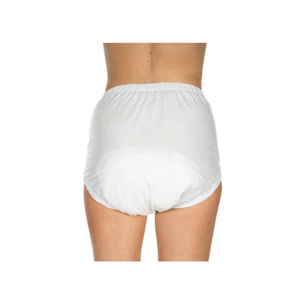 Inkontinenzhose, weiß, von hinten gezeigt. Elastischer Bund und Beinabschlüsse.