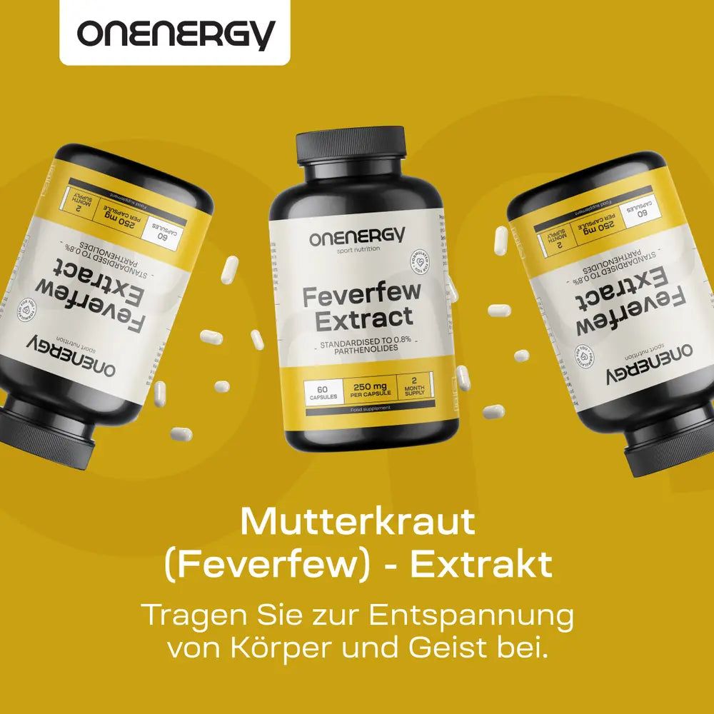 Drei Flaschen OnEnergy Mutterkraut Extrakt auf gelbem Hintergrund.