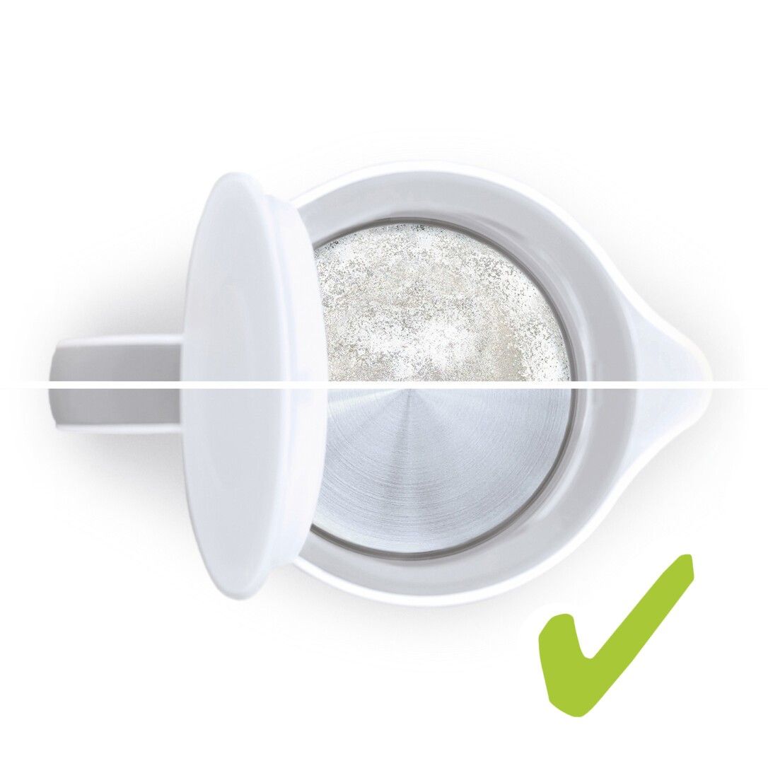 Filter von oben. Geöffneter Deckel. Grüne Hakenmarkierung. Sichtbares Filtermaterial.
