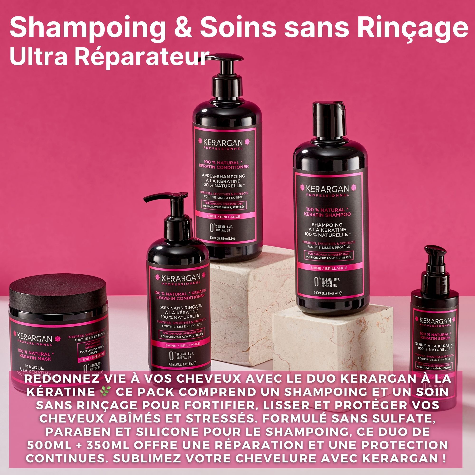 Plusieurs produits capillaires Kerargan sur fond rose. Texte en français.