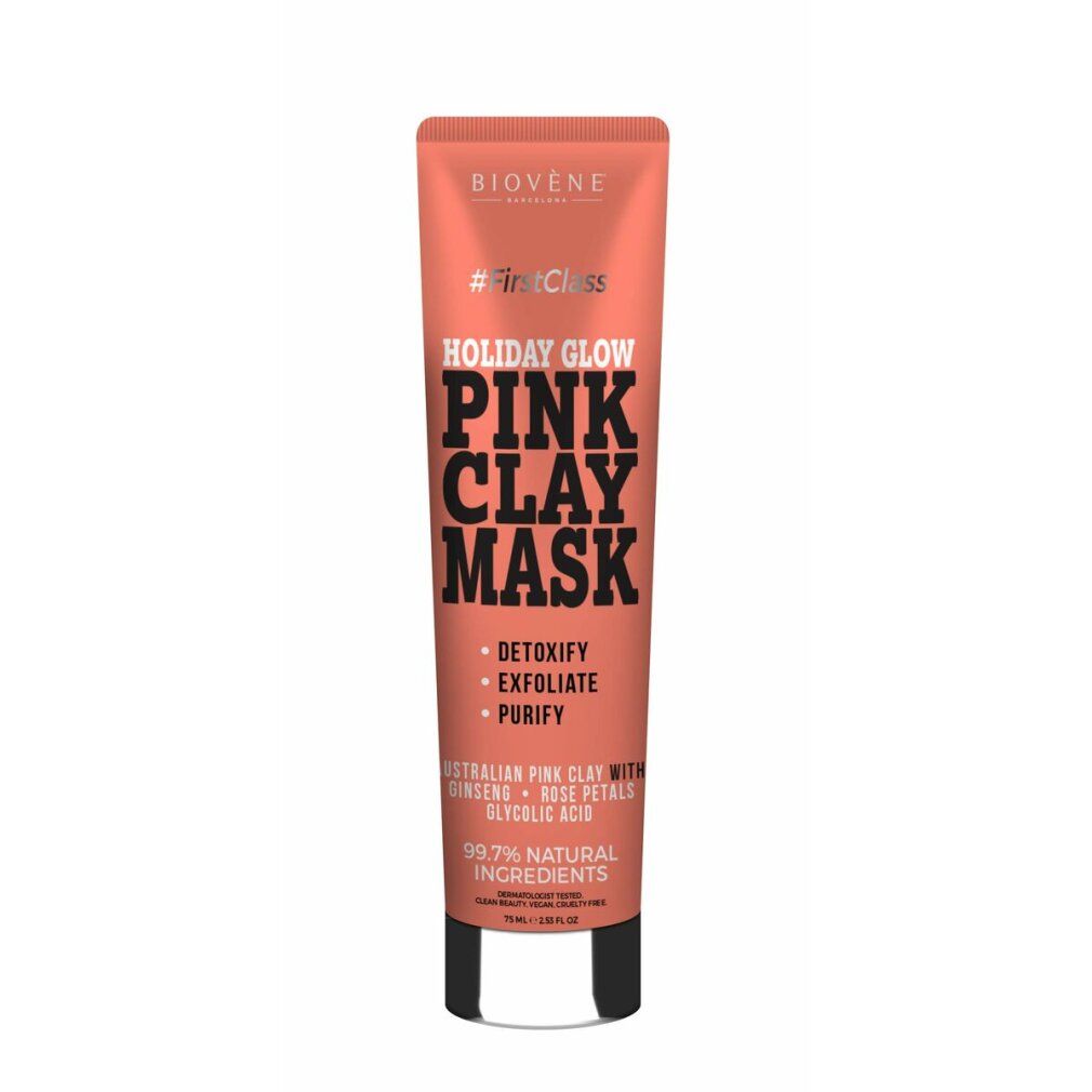 Korallenfarbene Tube mit schwarzem Aufdruck. Der Markenname Biovene ist oben aufgedruckt. Enthält den Schriftzug Pink Clay Mask.