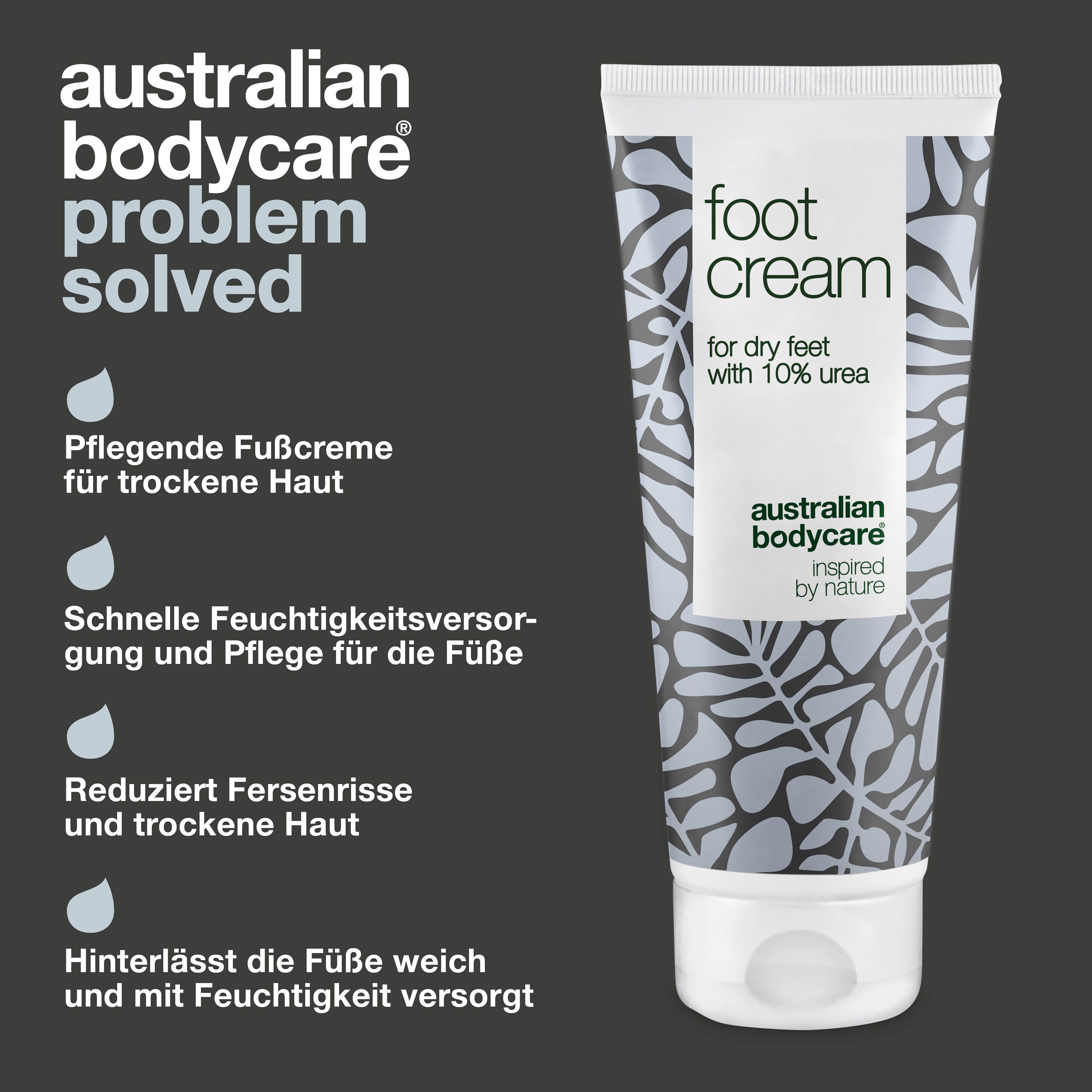 Tube Fußcreme mit floralem Muster. Text: "foot cream" und "australian bodycare".