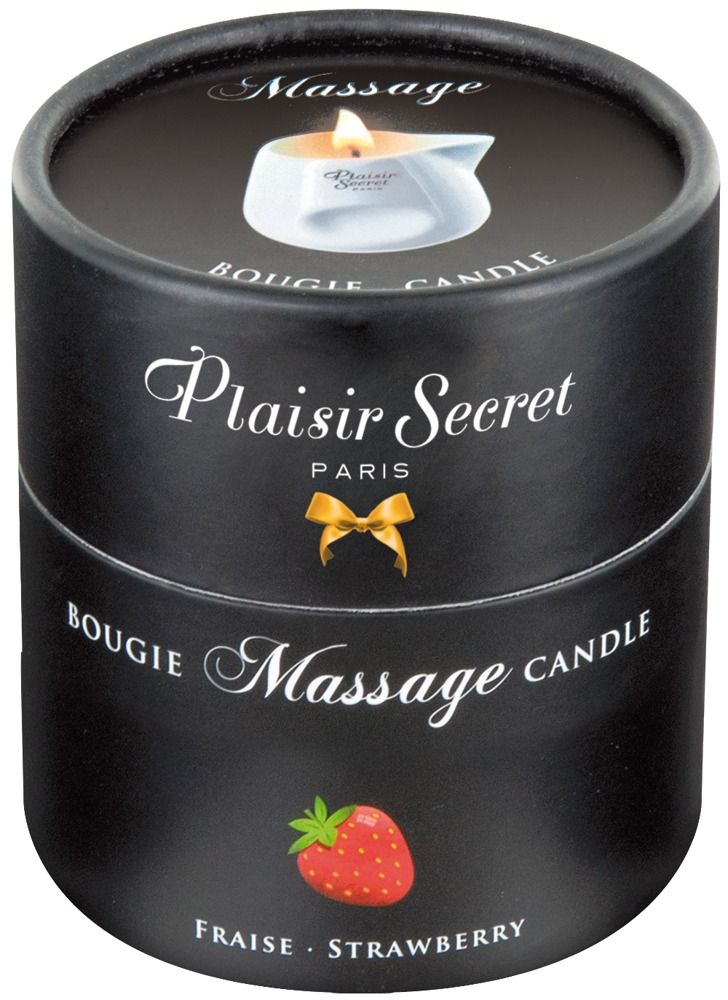 Schwarze zylindrische Verpackung. Oben: Massagekerze. Aufschrift: Plaisir Secret, Bougie Massage Candle, Erdbeere.