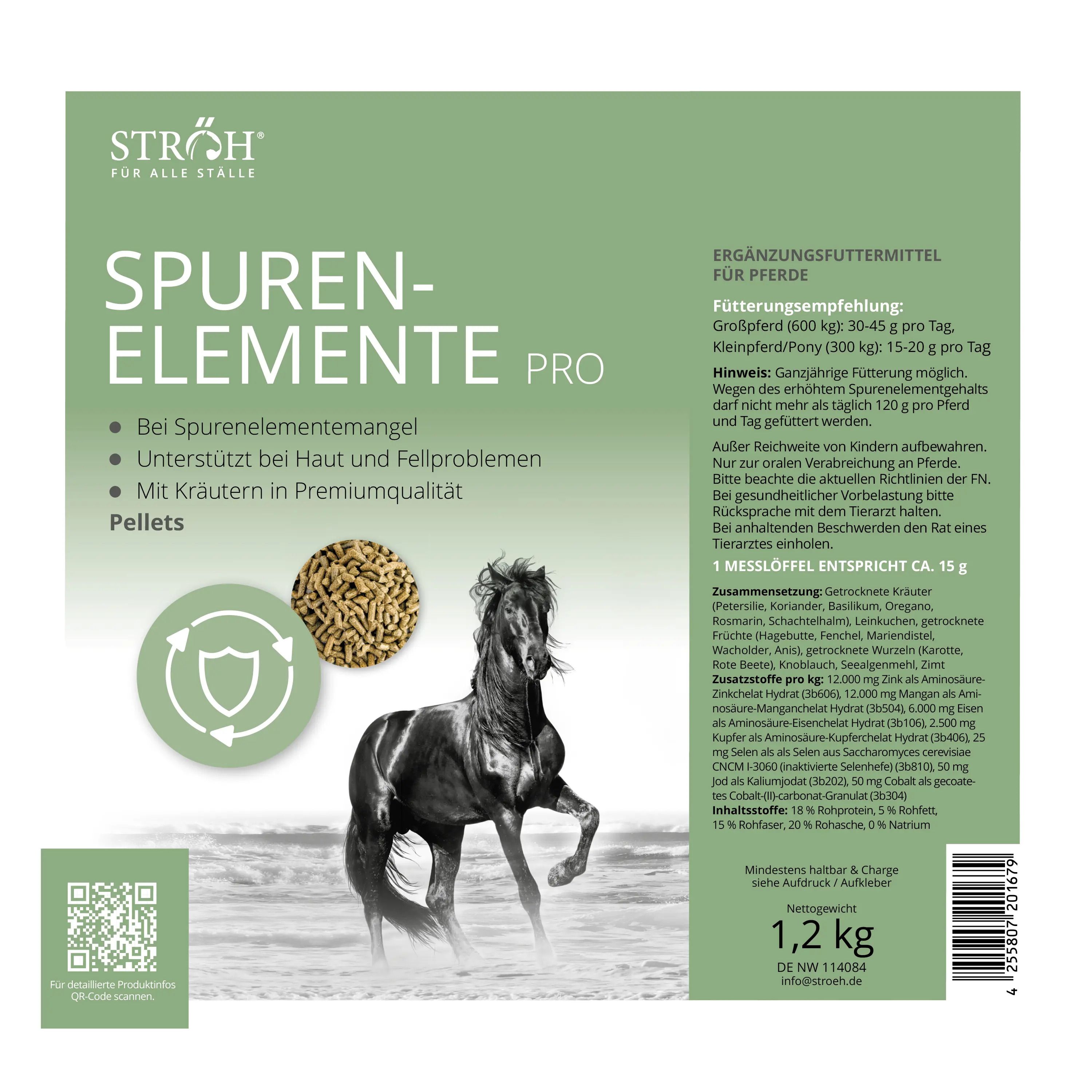 Verpackung STRÖH Spurenelemente Pro Pellets. Grün-weiße Verpackung mit Produktinformationen, Abbildung eines Pferdes und Pellets.