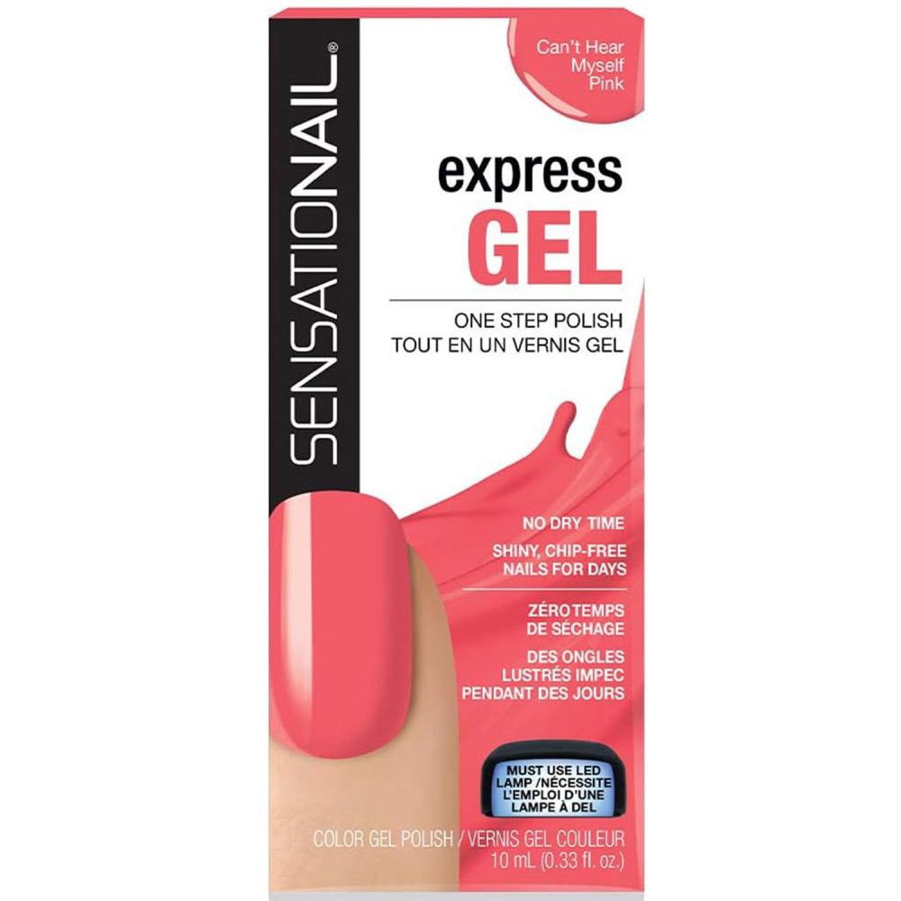 Verpackung von Sensationail Express-Gel-Nagellack in Pink. Enthält Produktinformationen und eine Darstellung des Nagellacks auf einem Nagel.