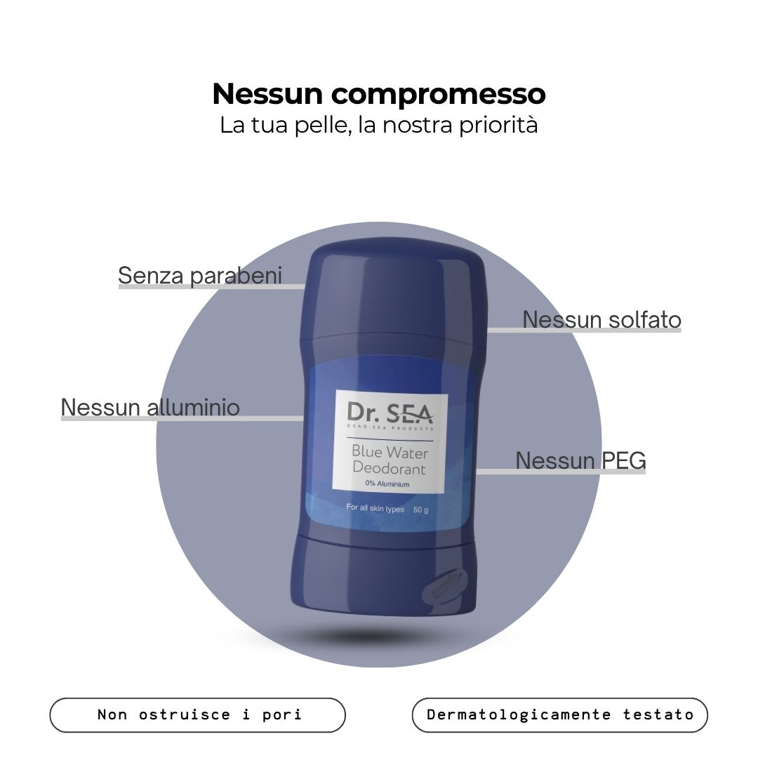 Stick deodorante. Testo: Nessun compromesso. Senza parabeni, solfati, alluminio, PEG. Non ostruisce i pori. Dermatologicamente testato.