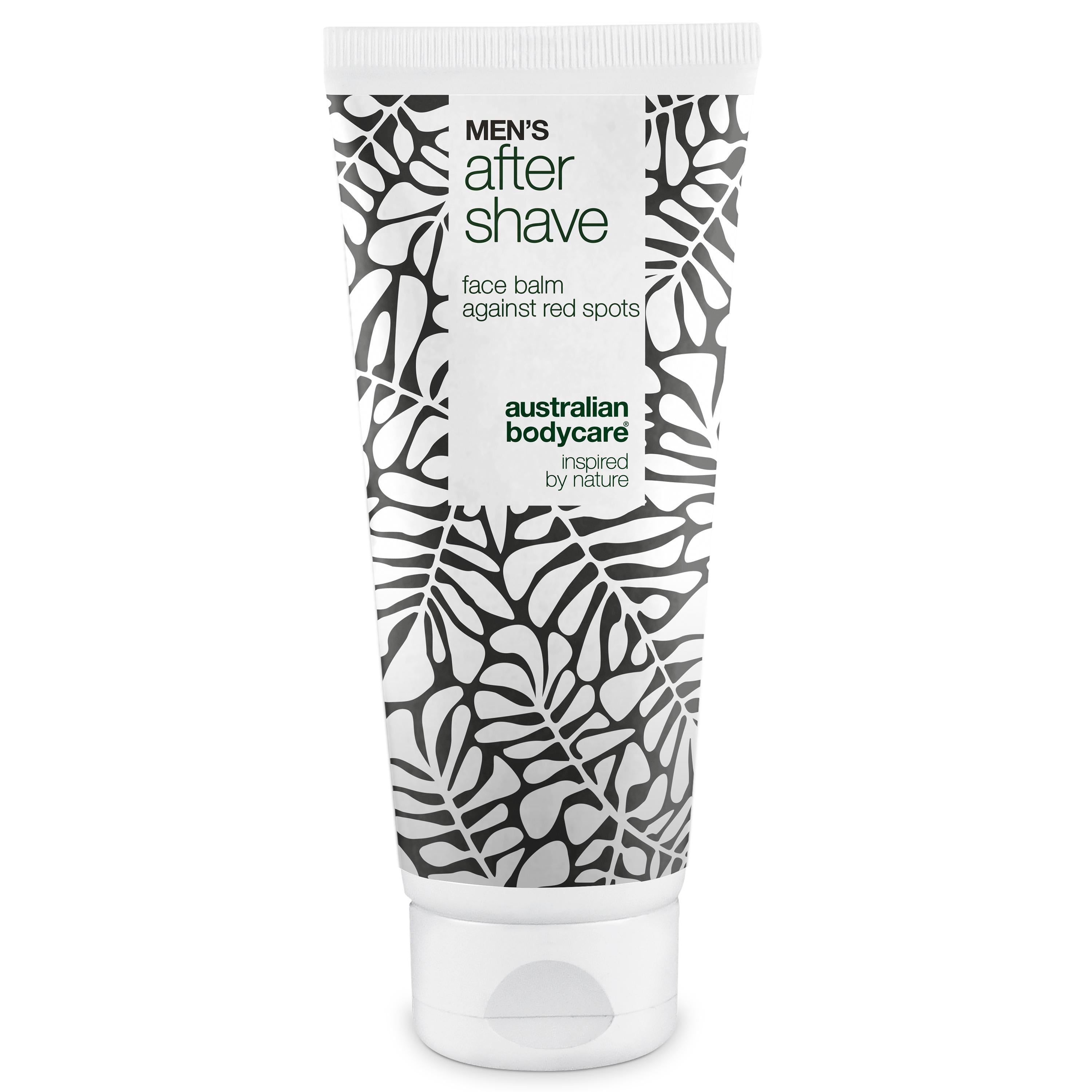 Tube After Shave Balsam. Weiß, mit schwarzem Blattmuster. Text: Men's After Shave, face balm against red spots, Australian Bodycare.