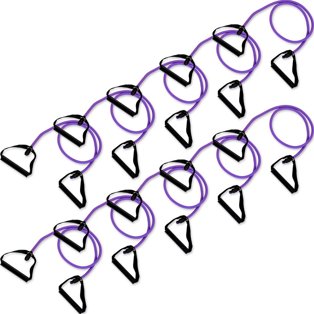 Mehrere Fitness-Tubes mit schwarzen Griffen und lila Bändern. Die Griffe sind dreieckig geformt.