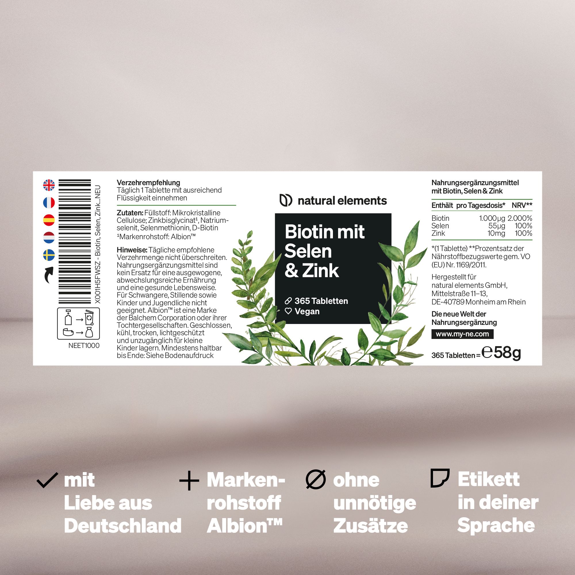 natural elements Biotin, Selen & Zink – Haut, Haare & Nägel – 365 Tabletten – Ohne Magnesiumstearat
