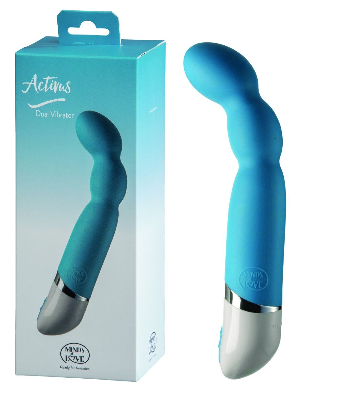 Blauer Vibrator mit weißem Ende und silberner Zierleiste. Aufschrift "Activus Dual Vibrator" und "MINDS of LOVE" auf der Verpackung.