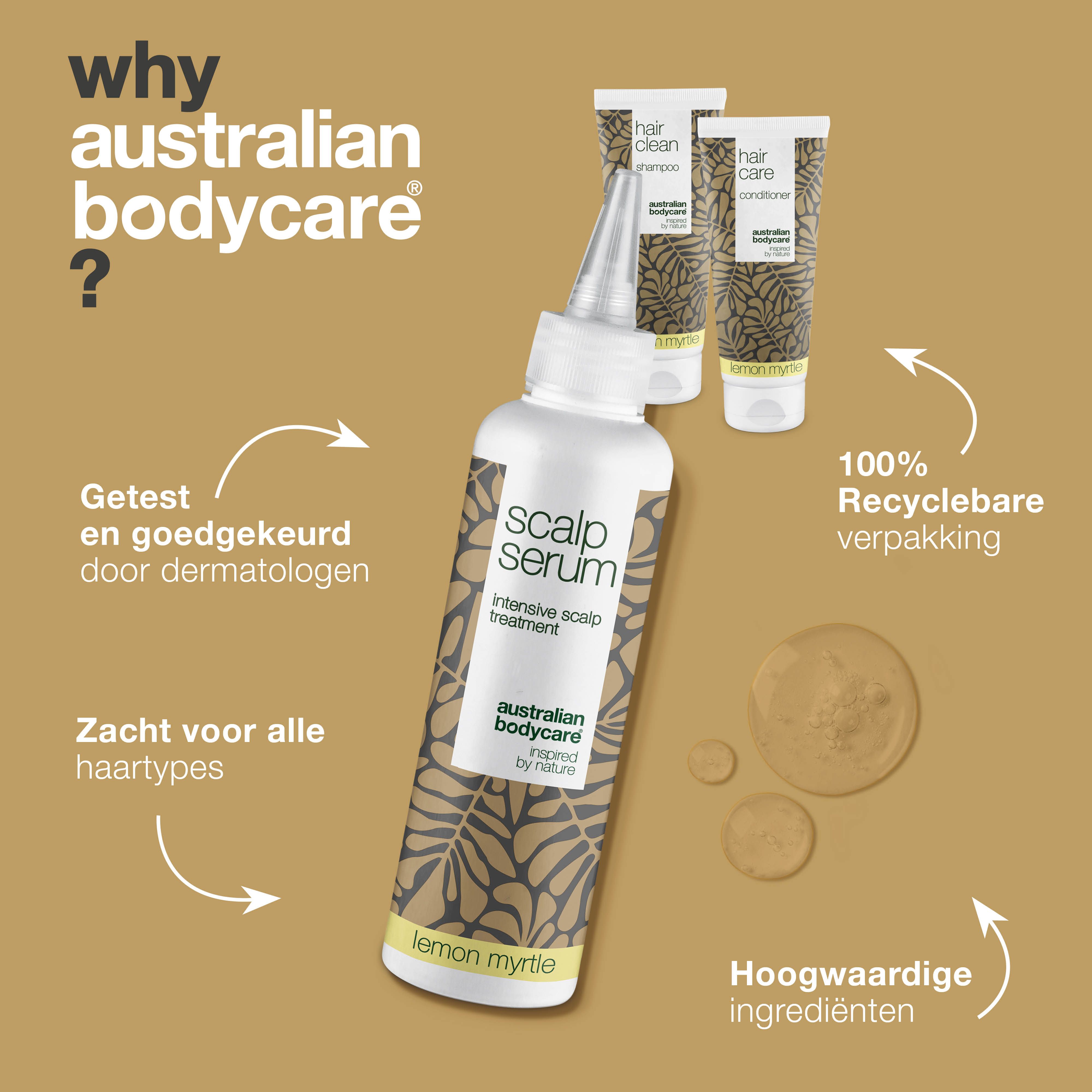 Waarom Australian Bodycare? Serum, shampoo en conditioner. Opschrift: Lemon Myrtle. Tekst: Dermatologisch getest, etc.