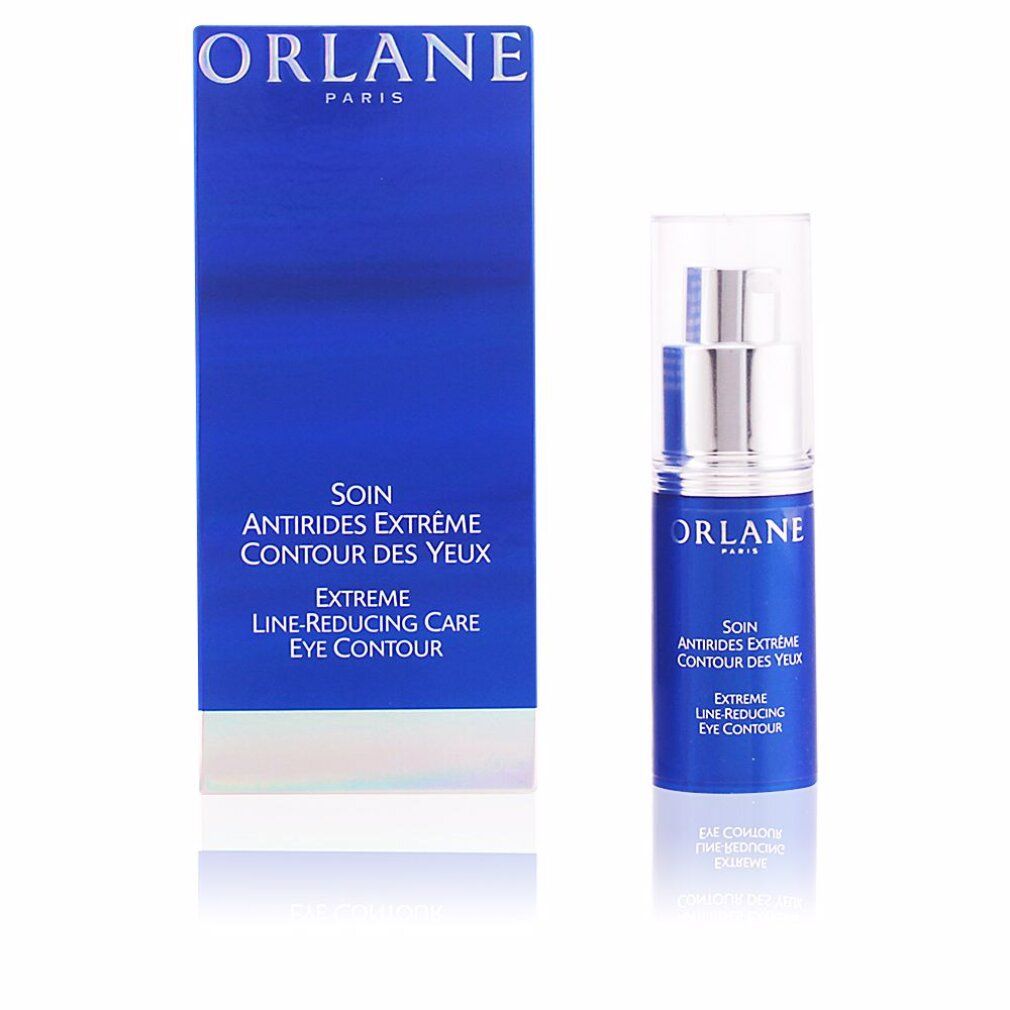 Blaues Fläschchen mit silbernem Applikator und Karton. Aufschrift: ORLANE PARIS, Extreme Line Reducing Care Eye Contour.