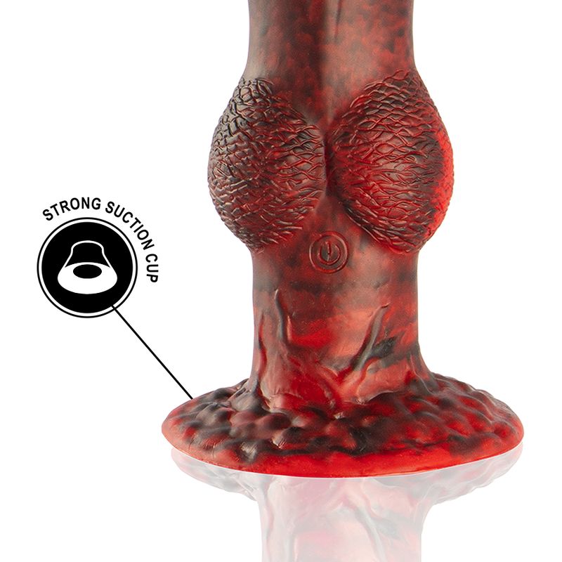 Roter und schwarzer Dildo mit strukturierten Oberflächen. Nahaufnahme der Basis mit Saugnapf-Symbol.