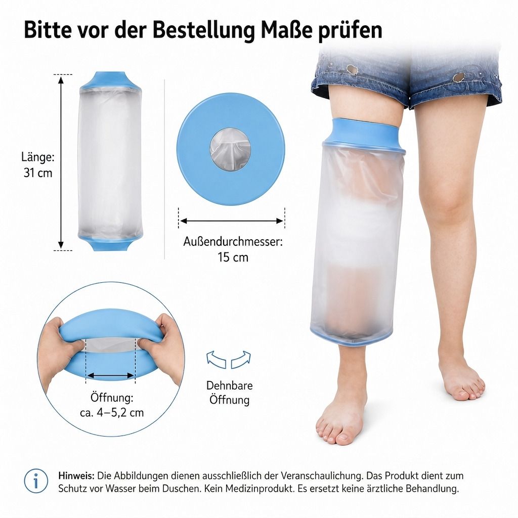 Wasserdichter Beinschutz mit blauen Ringen. Länge 31 cm, Außendurchmesser 15 cm. Dehnbare Öffnung 4-5,2 cm.