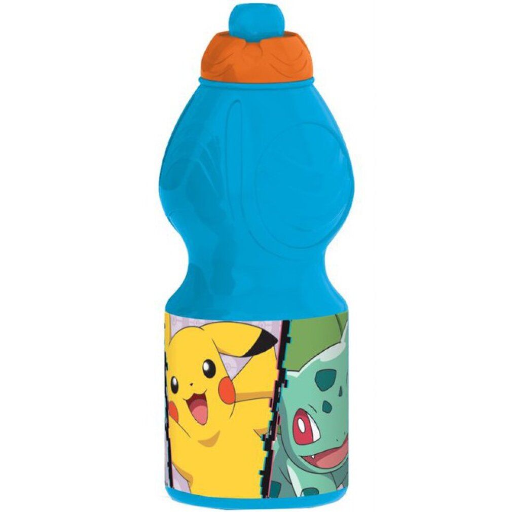 Blaue Trinkflasche mit orangefarbenem Deckel. Aufgedruckt sind Pokémon-Charaktere: Pikachu und Bisasam.