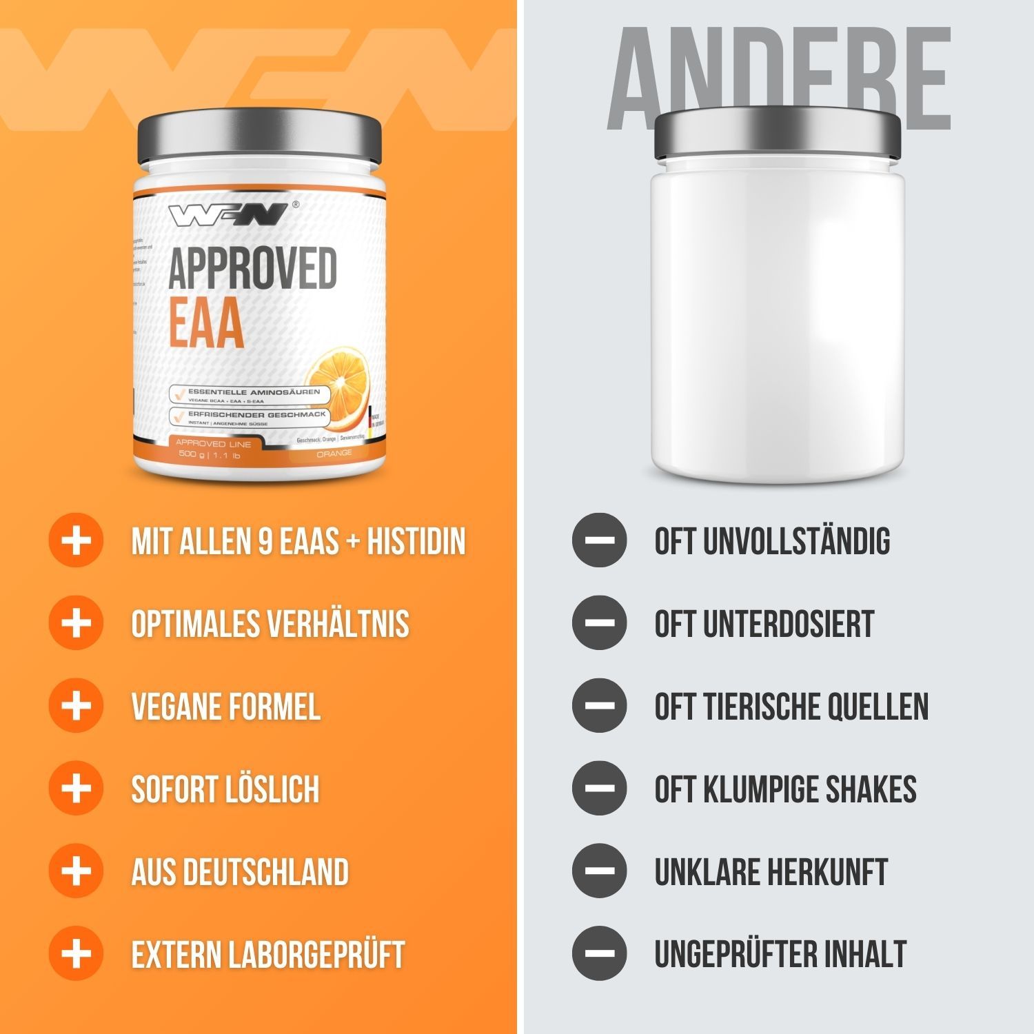 Vergleich: Dose APPROVED EAA vs. leere Dose. Vorteile: 9 Aminosäuren, vegan, löslich. Nachteile: unvollständig, tierische Quellen, ungeprüft.