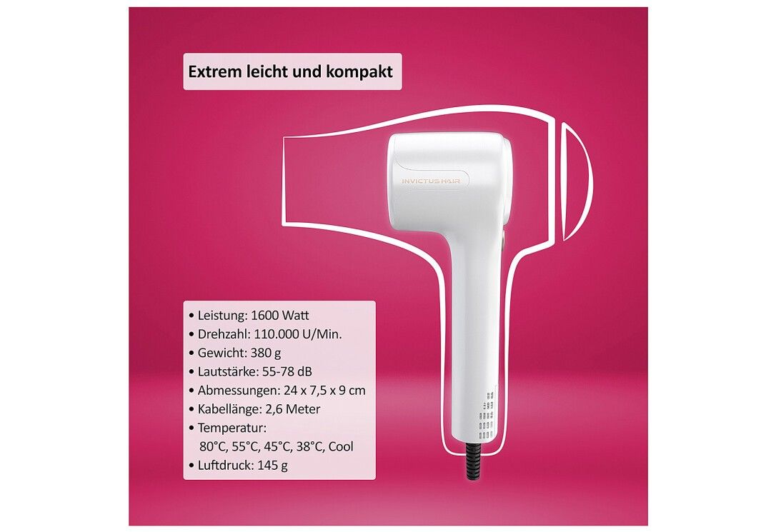 Weißer Haartrockner mit technischen Daten. Leistung: 1600 Watt, Drehzahl: 110.000 U/Min, Gewicht: 380g, Abmessungen: 24 x 7,5 x 9 cm, Kabellänge: 2,6 Meter.