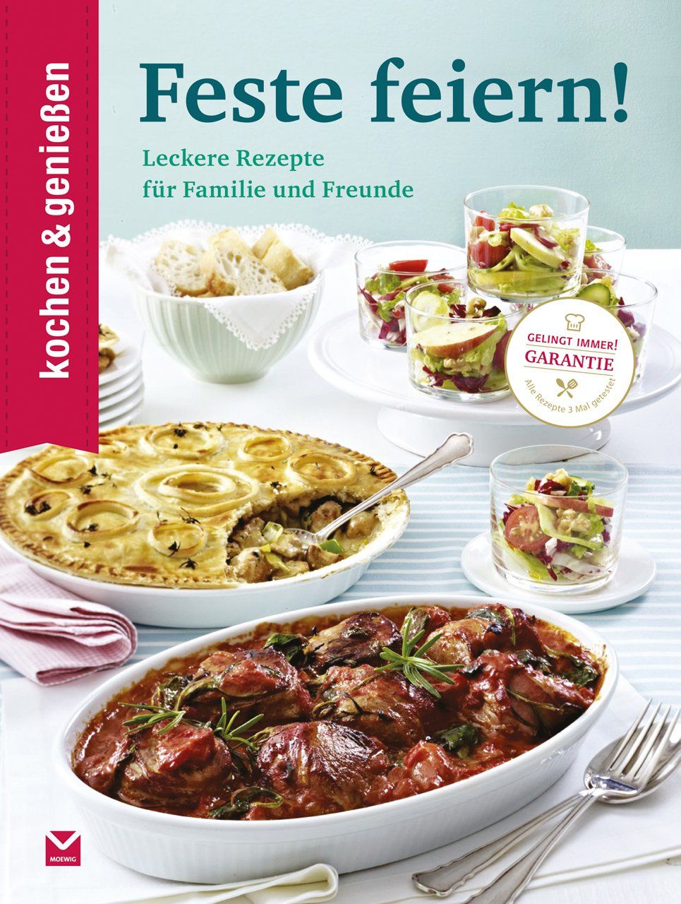Buchcover mit Titel "Feste feiern!". Darunter "Leckere Rezepte für Familie und Freunde". Logo "kochen & genießen".