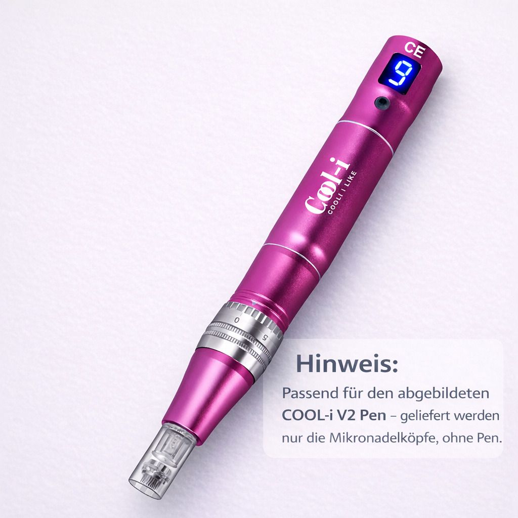 Pinkfarbener Stift mit digitaler Anzeige. Text: 'COOL-i LIKE'. CE-Kennzeichnung. Hinweis: Mikronadelköpfe ohne Stift.