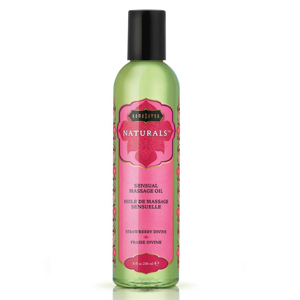 Grüne Flasche mit schwarzem Deckel. Etikett mit "Kama Sutra Naturals" und "Sensual Massage Oil" in Pink. Massageöl.