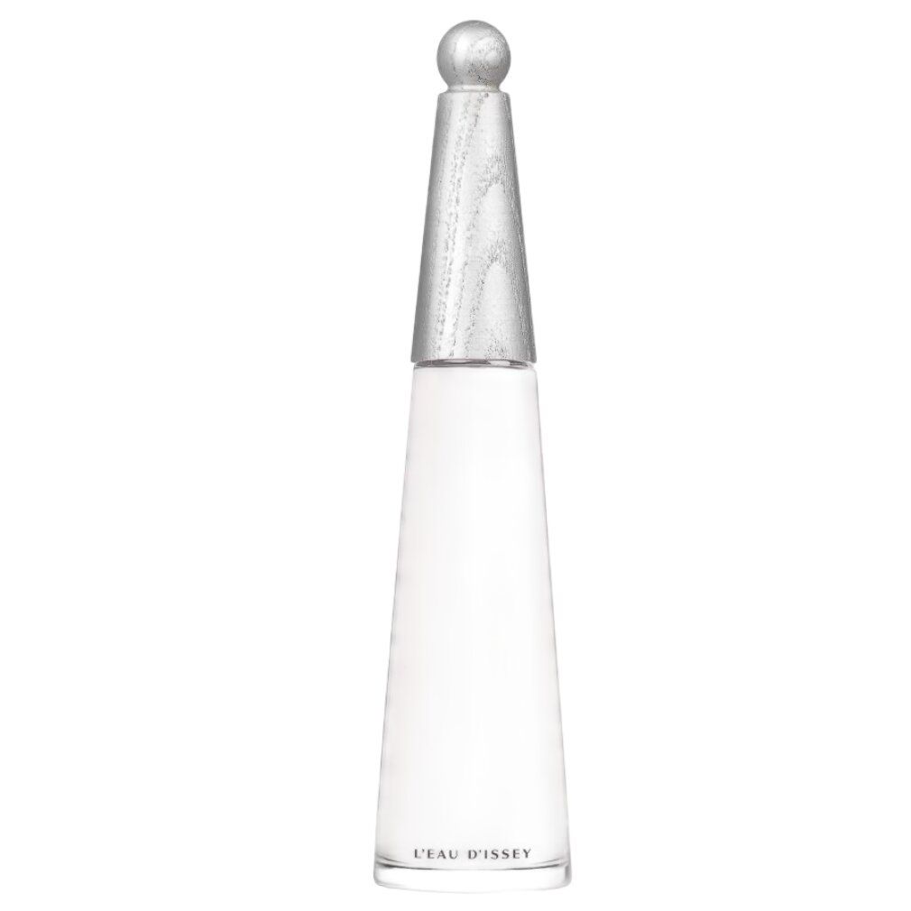 Hoher, weißer Flakon mit silbernem Verschluss. L'Eau d'Issey EdP Intense. Konische Form, durchsichtiger Boden.