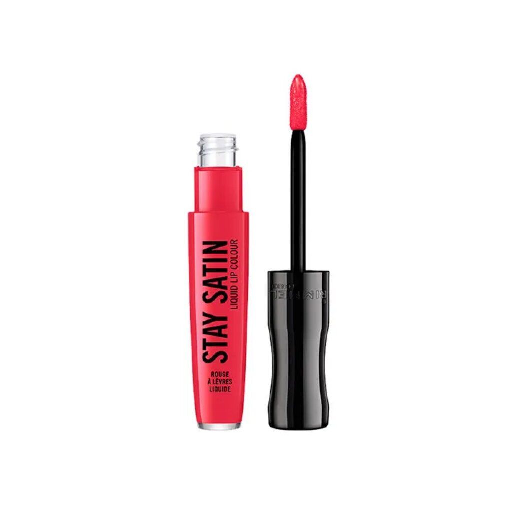Roter flüssiger Lippenstift, geöffnet, mit Applikator. Aufschrift: Stay Satin Liquid Lip Colour.