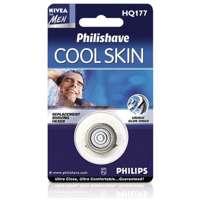 Confezione di testine per rasoio Philips. Scritta: Philishave Cool Skin, Nivea for Men. Contiene testine di ricambio con anelli di scorrimento unici.