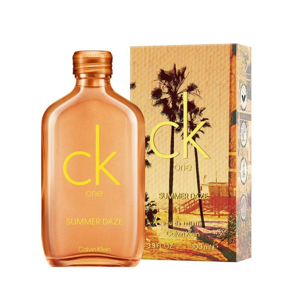 Flasche und Verpackung. Flasche orange mit gelbem "ck one SUMMER DAZE". Verpackung mit Palmen.