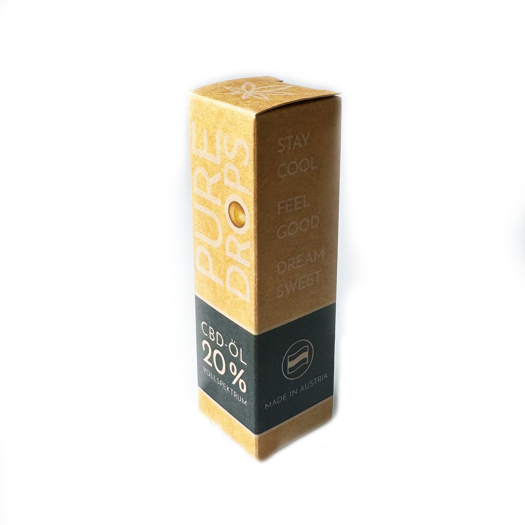 Kartonverpackung mit Produktaufdruck. Aufschrift: PURE DROPS, CBD-Öl 20%, Vollspektrum. Mit Logo und Text: Made in Austria.