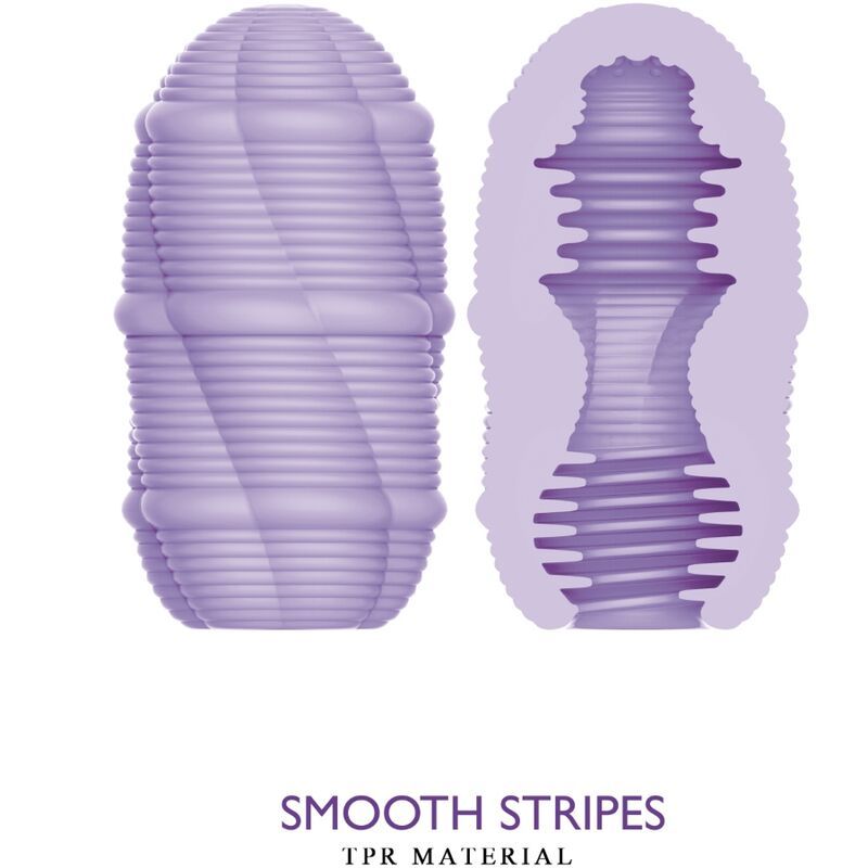 Lila ovales Produkt, außen gerillt, innen gerillt. Text: Smooth Stripes, TPR Material.