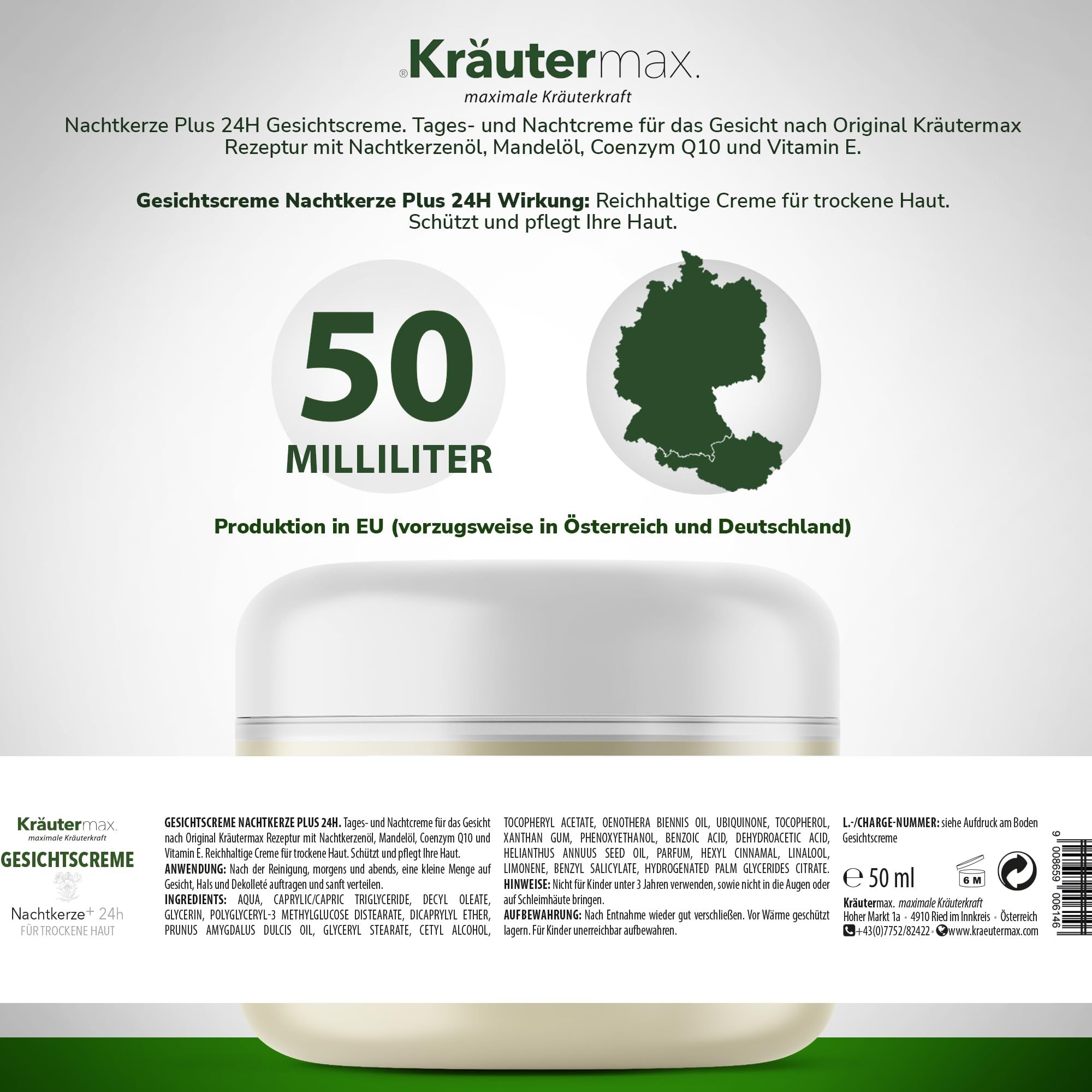 Creme-Tiegel mit 50 ml. Text: Kräutermax Gesichtscreme Nachtkerze Plus 24h. Produktion in EU. Karte von Deutschland.