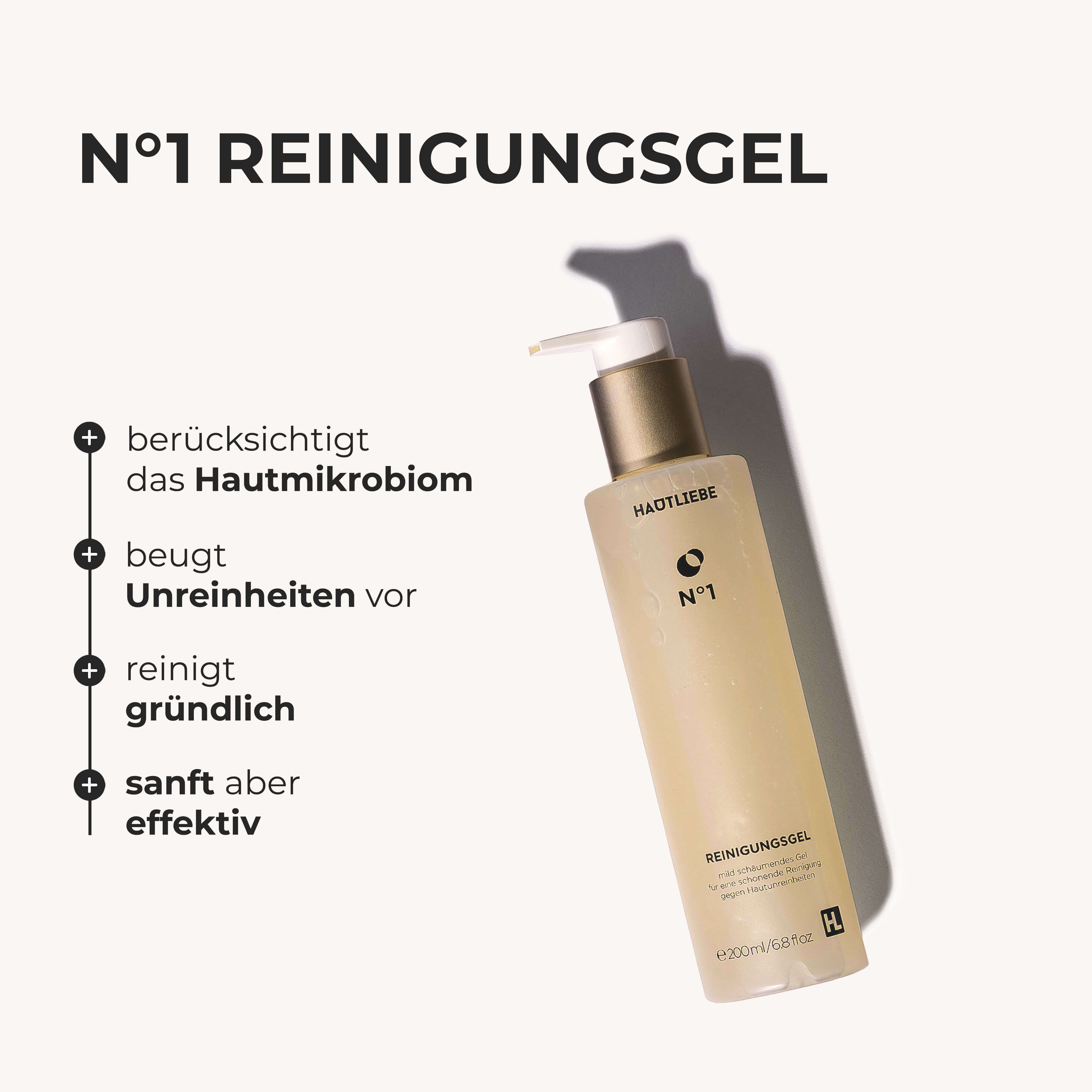 Hautliebe N°1 Reinigungsgel Flasche mit Pumpverschluss. Produktmerkmale: berücksichtigt Hautmikrobiom, beugt Unreinheiten vor, reinigt gründlich.