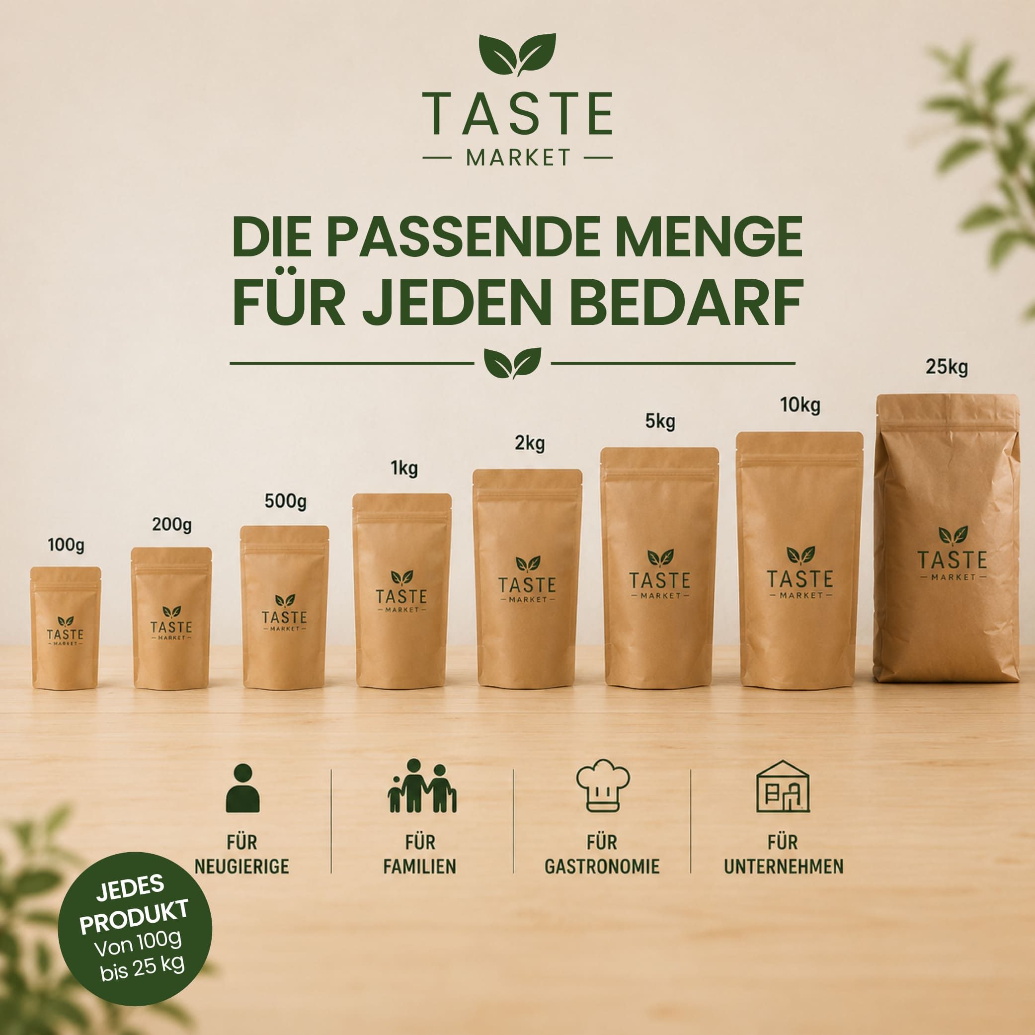 Verschiedene Größen von Taste Market Konjak Pulver Beuteln, von 100g bis 25kg.
