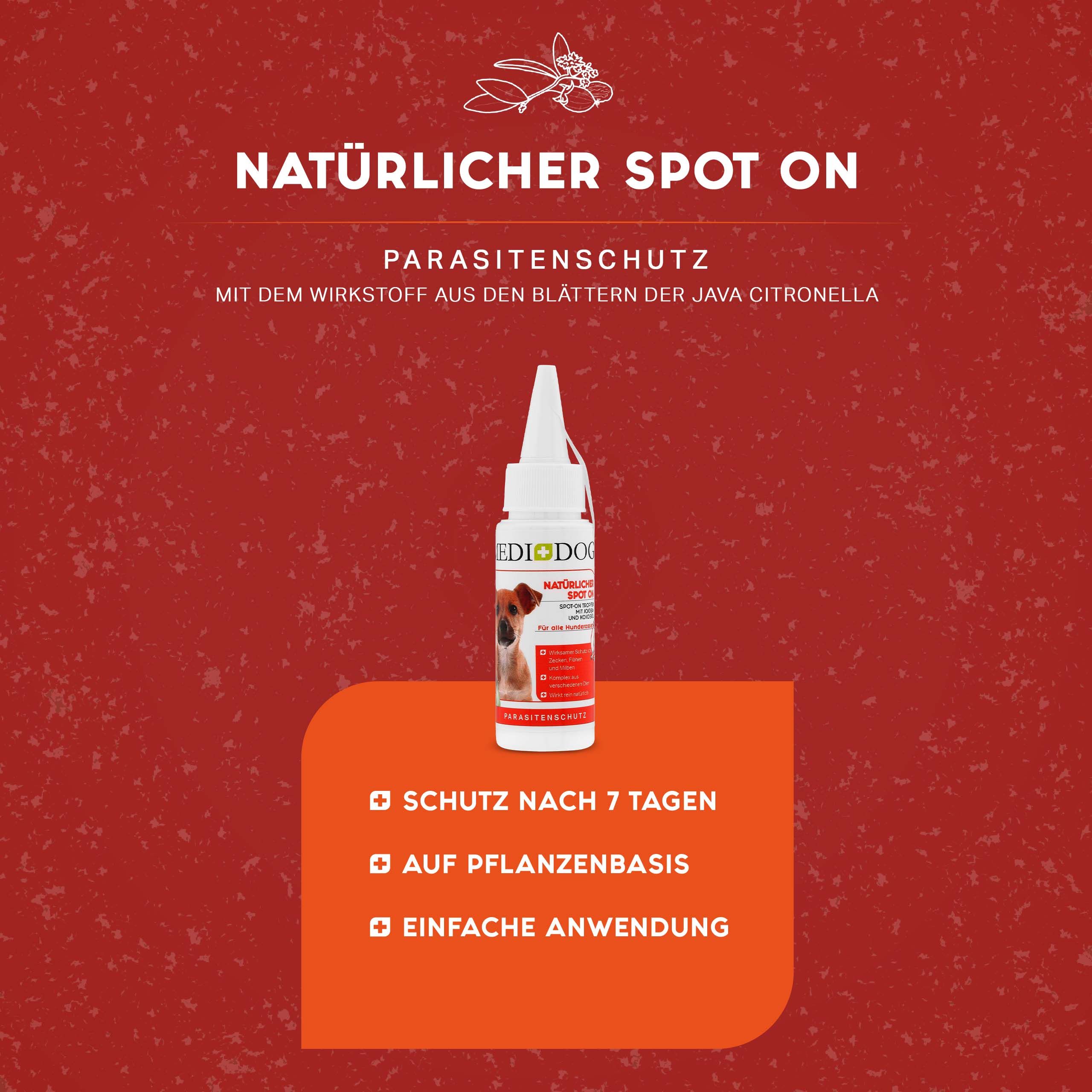 MEDIDOG Spot On-Flasche. Weißes Fläschchen mit roter Beschriftung. Text: Natürlicher Spot On, Parasitenschutz. Enthält Wirkstoff aus Java-Zitronella.