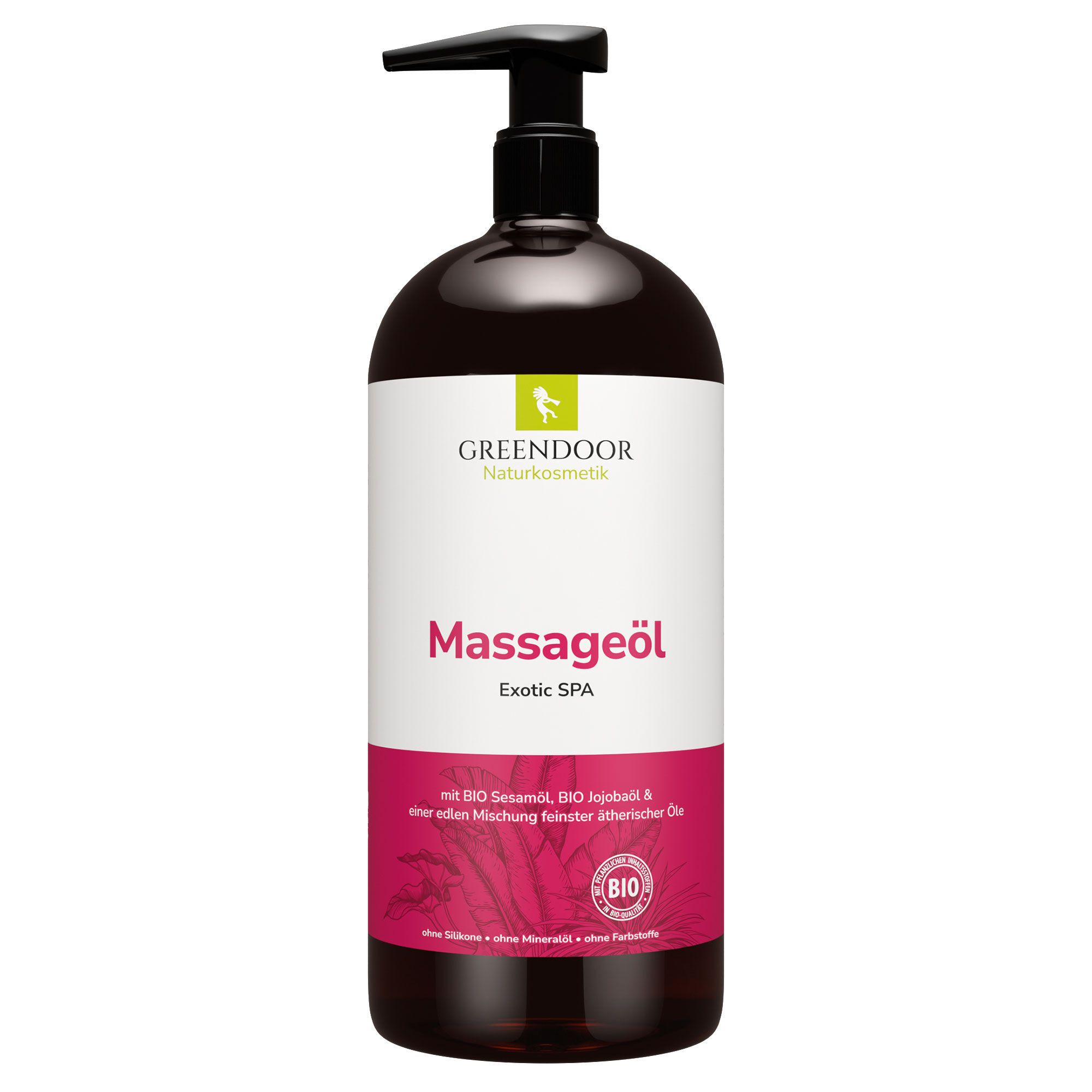Braune Flasche mit schwarzem Pumpkopf. Aufschrift: Massageöl Exotic SPA. BIO-Siegel. Enthält Sesamöl, Jojobaöl und ätherische Öle.