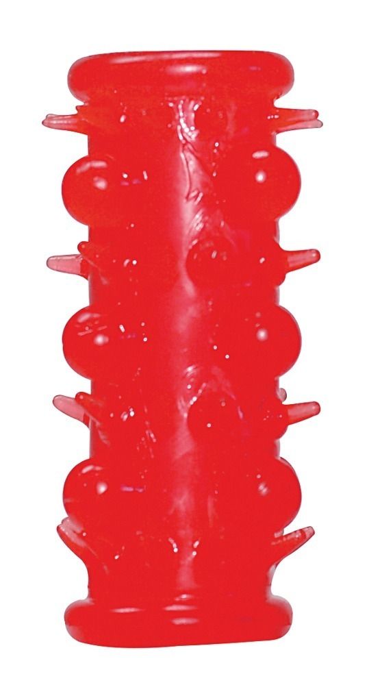 Rote, texturierte Hülse mit Noppen und Ringen.