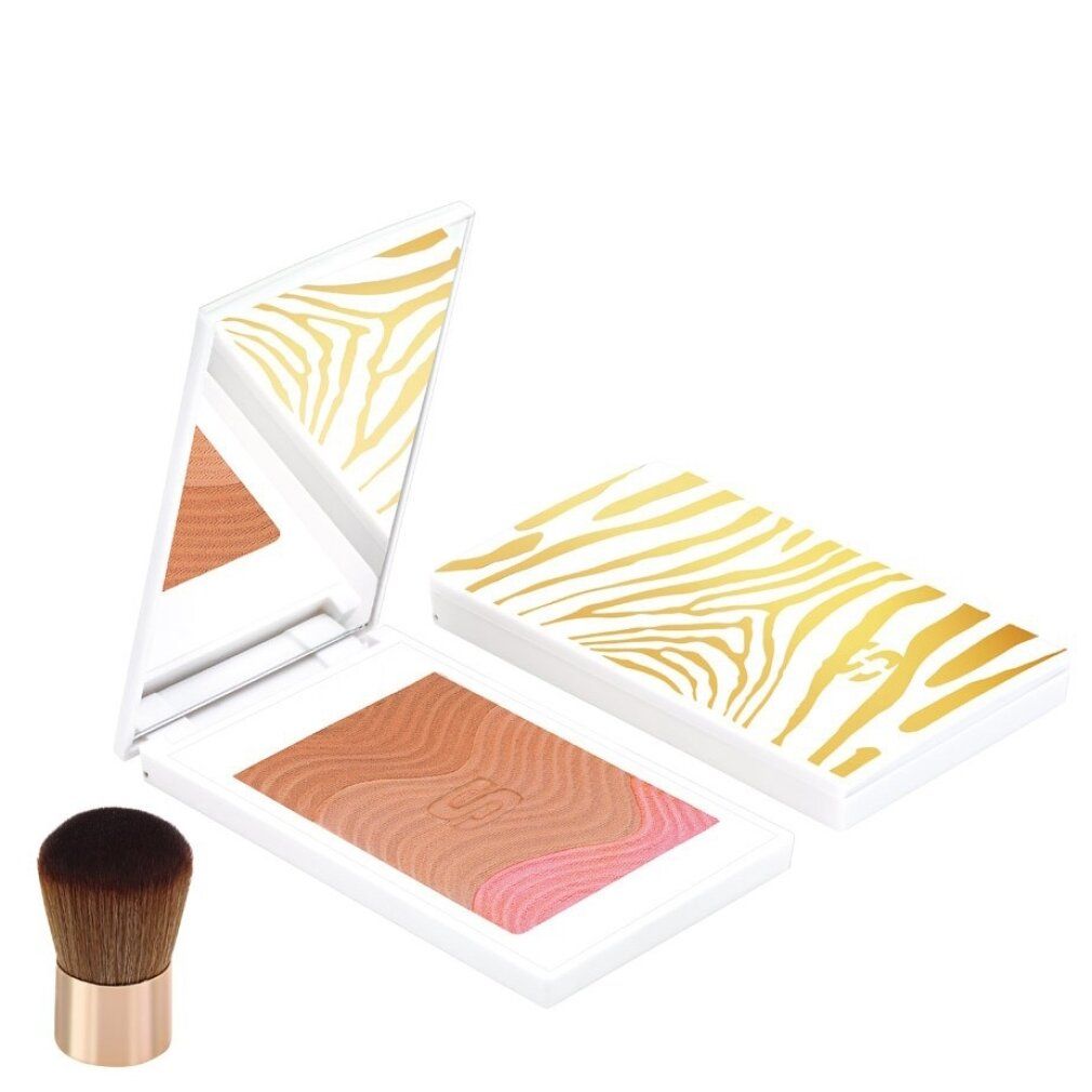 Kompaktpuder mit Spiegel und Pinsel. Weiße Hülle mit goldenem Zebra-Muster. Puder mit braunen und rosa Farbtönen.