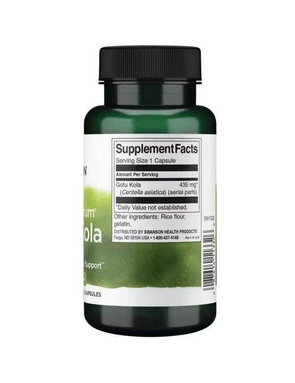 Rückseite einer grünen Flasche. Aufschrift: Swanson, Gotu Kola, 435 mg. Nährwertangaben.