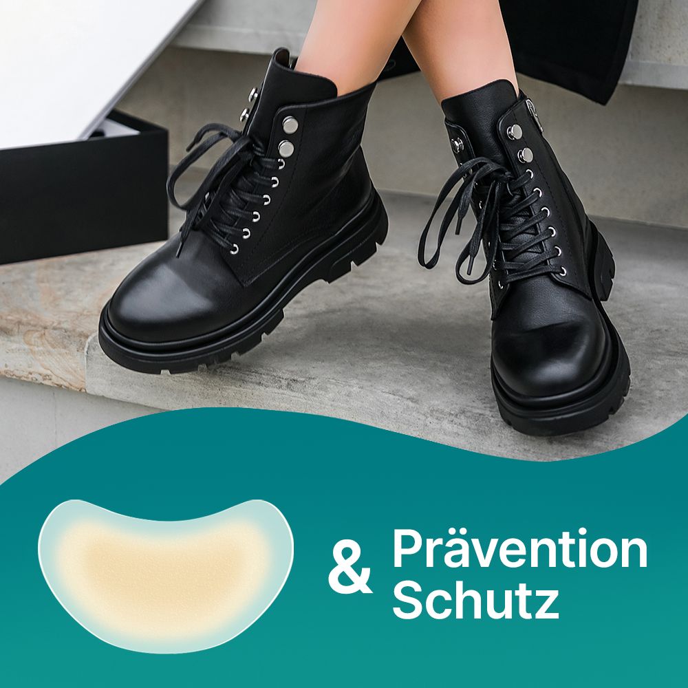 Schwarze Stiefel mit Hydrokolloid-Pflaster. Text: & Prävention Schutz.
