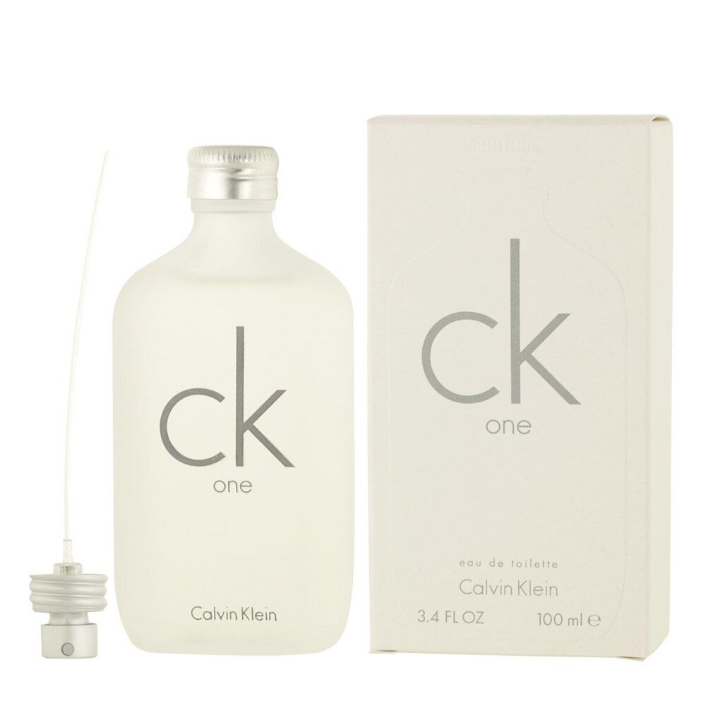 Flakon und Karton von Calvin Klein ck one Eau de Toilette. Flakon mit silbernem Verschluss. Karton mit Logo.