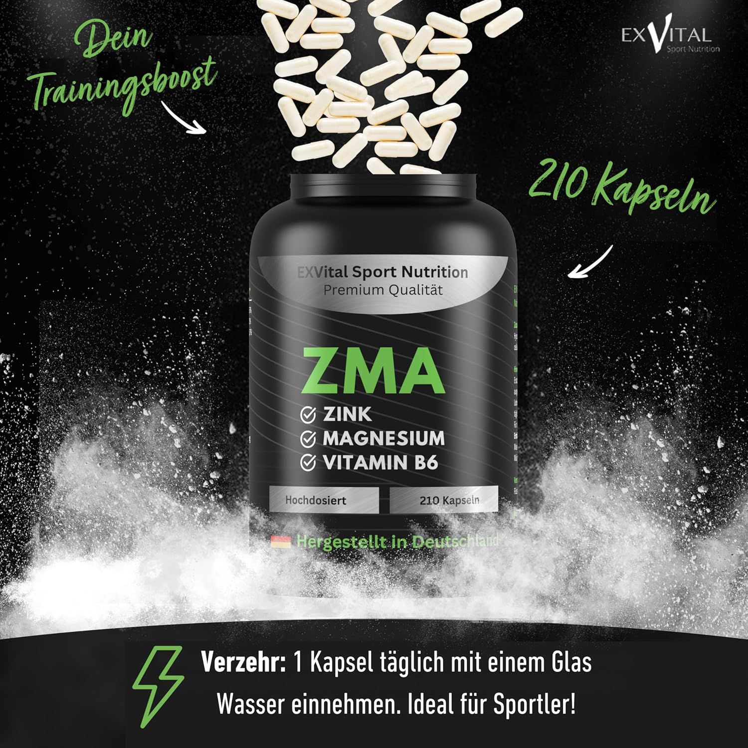 ZMA-Kapseln und Kapseln, die aus der Flasche fallen. Aufschrift: Zink, Magnesium, Vitamin B6. 210 Kapseln. Ideal für Sportler.