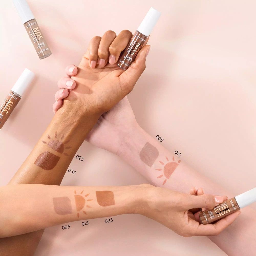 Mehrere Arme mit Bronzer-Swatches und Flaschen. Auf den Armen sind Sonnen-Symbole und Nummern (005, 015, 025, 035) abgebildet.