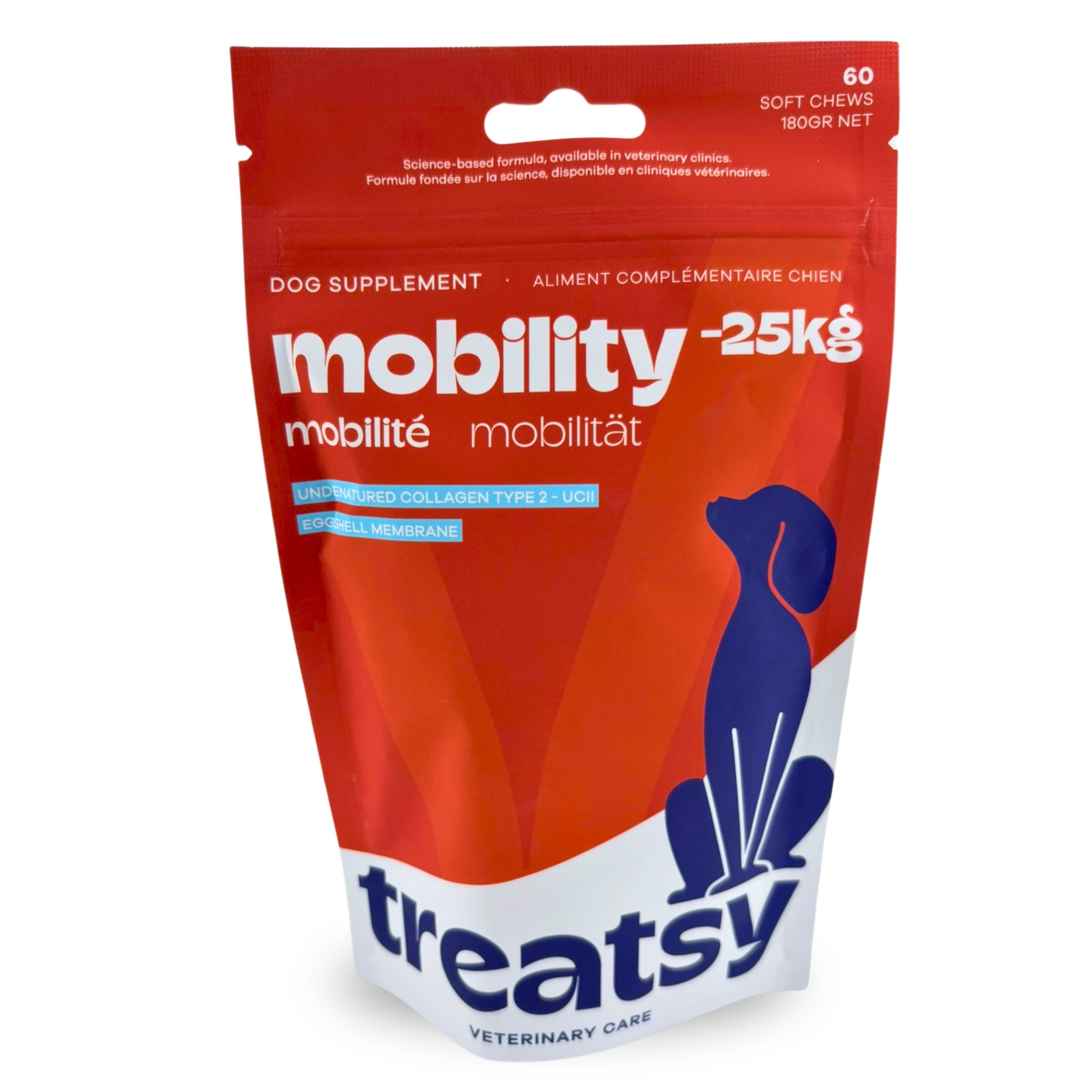 Rote Tüte mit Produktnamen „mobility“ und „Treatsy“. Blaue Hunde-Silhouette. 60 Soft Chews.