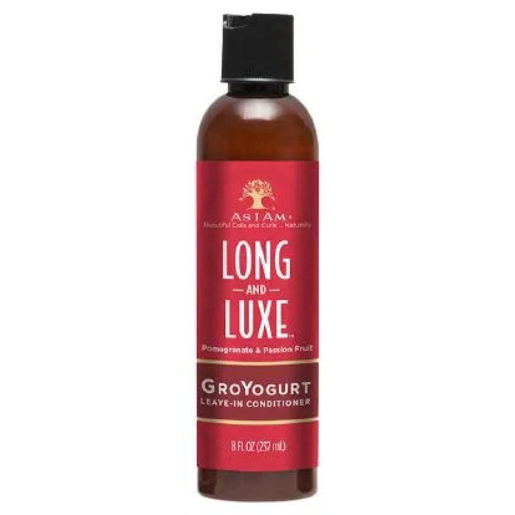 Braune Flasche mit rotem Etikett. Text: LONG AND LUXE, GroYogurt Leave-In Conditioner. Schwarzer Deckel. 8 fl oz (237 ml).