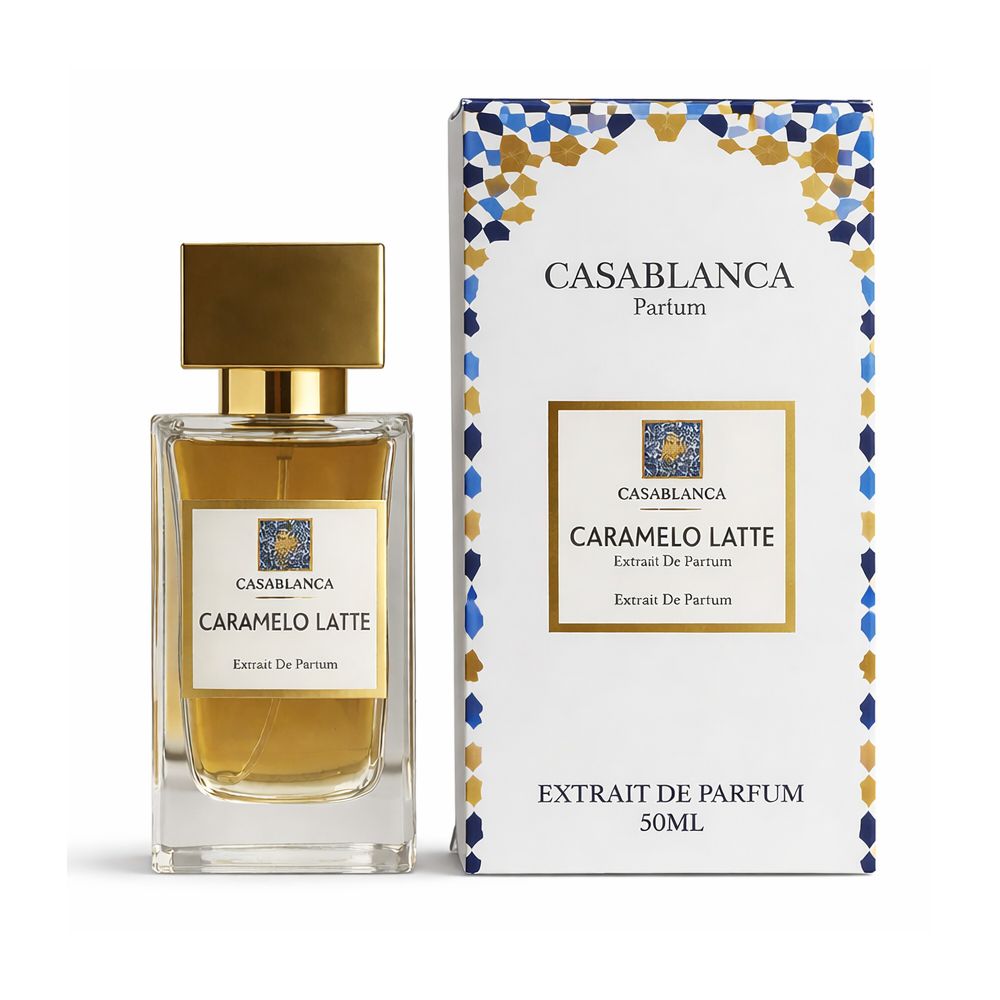 Parfumflakon neben Verpackung. Flakon mit goldfarbenem Verschluss. Verpackung mit Schriftzug CASABLANCA und CARAMELO LATTE.
