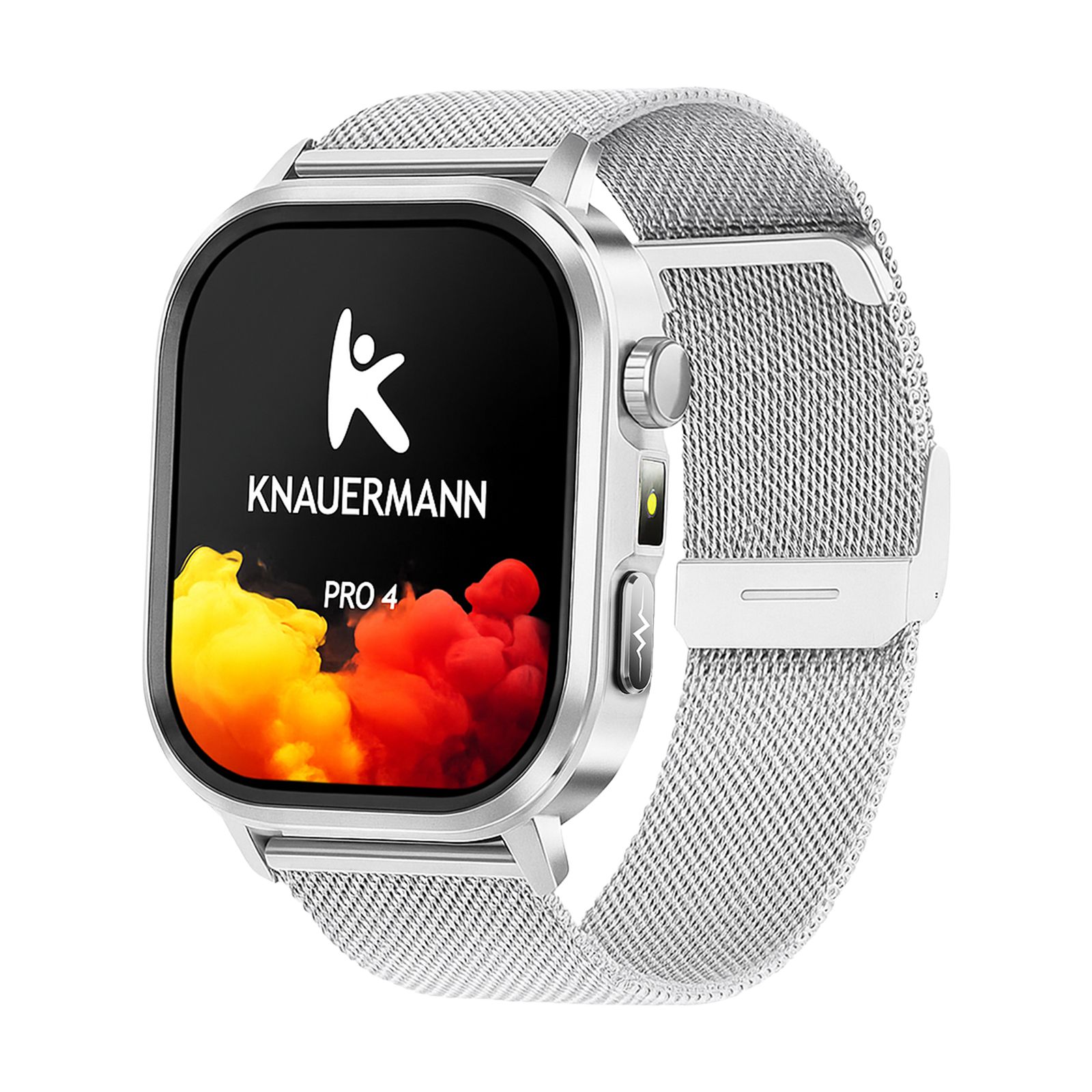Silberfarbene Smartwatch mit Mesh-Armband. Display mit Logo und Schriftzug KNAUERMANN PRO 4. Seitliche Knöpfe.
