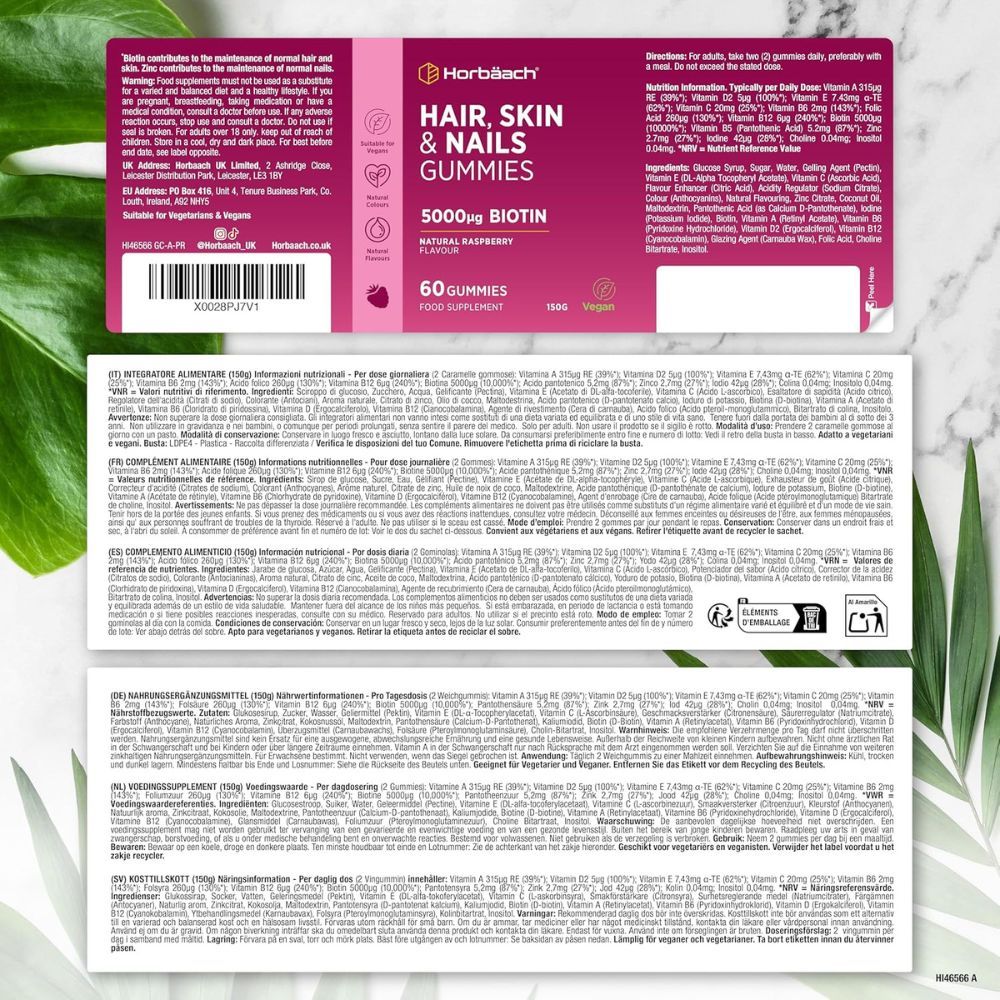 Produktverpackung mit Text und Inhaltsstoffen. Text: Hair, Skin & Nails Gummies, 5000µg Biotin. 60 Gummies. Anweisungen.