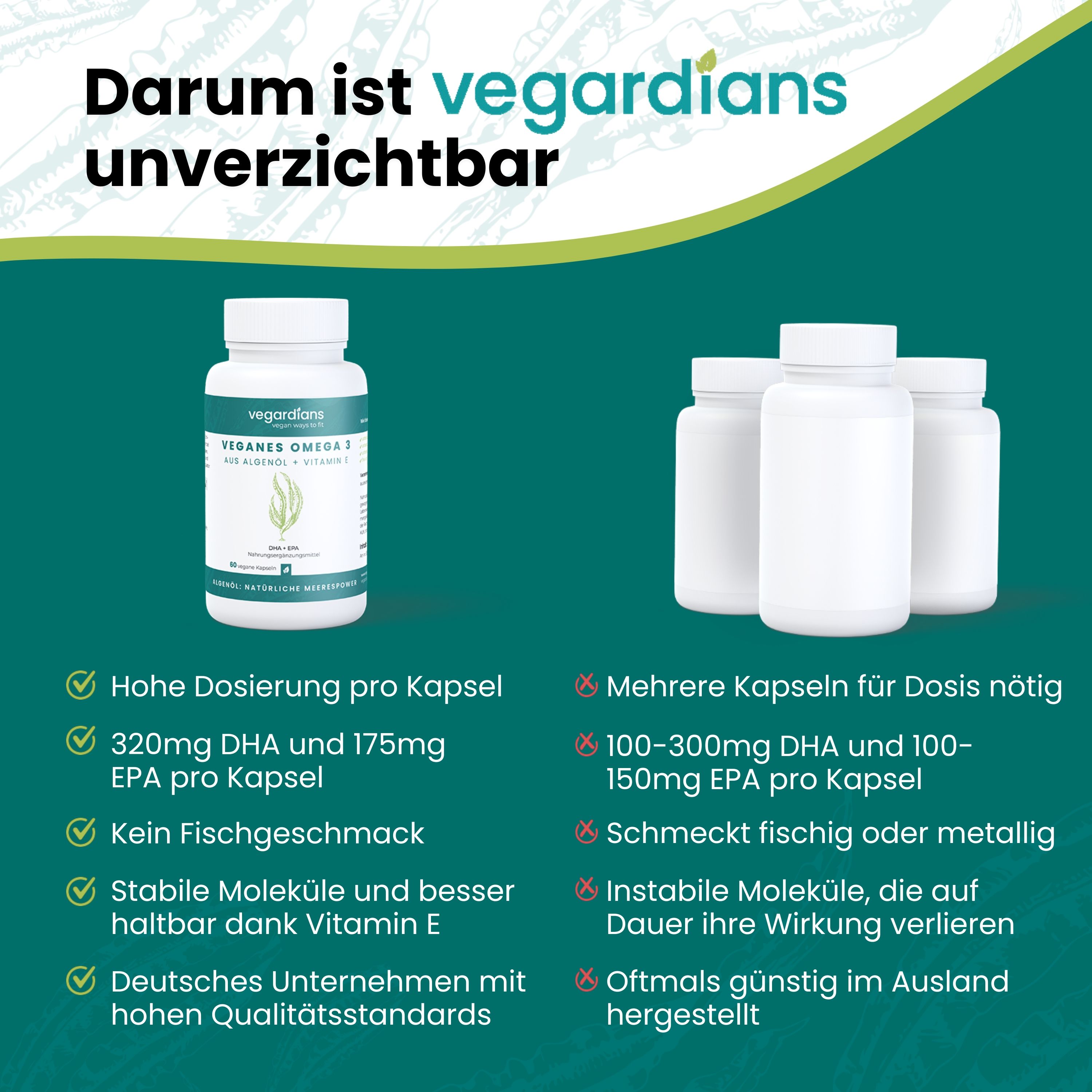 Eine weiße Flasche mit Produktetikett und drei weitere Flaschen. Text: Veganes Omega 3. Vorteile: Hohe Dosierung, kein Fischgeschmack, stabile Moleküle.
